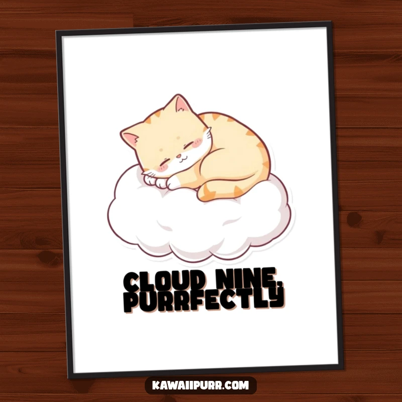 Funny sleepy cat curled on a cloud, purring with a content smile, as a digital art print. Instant, humorous, and serene feline illustration.