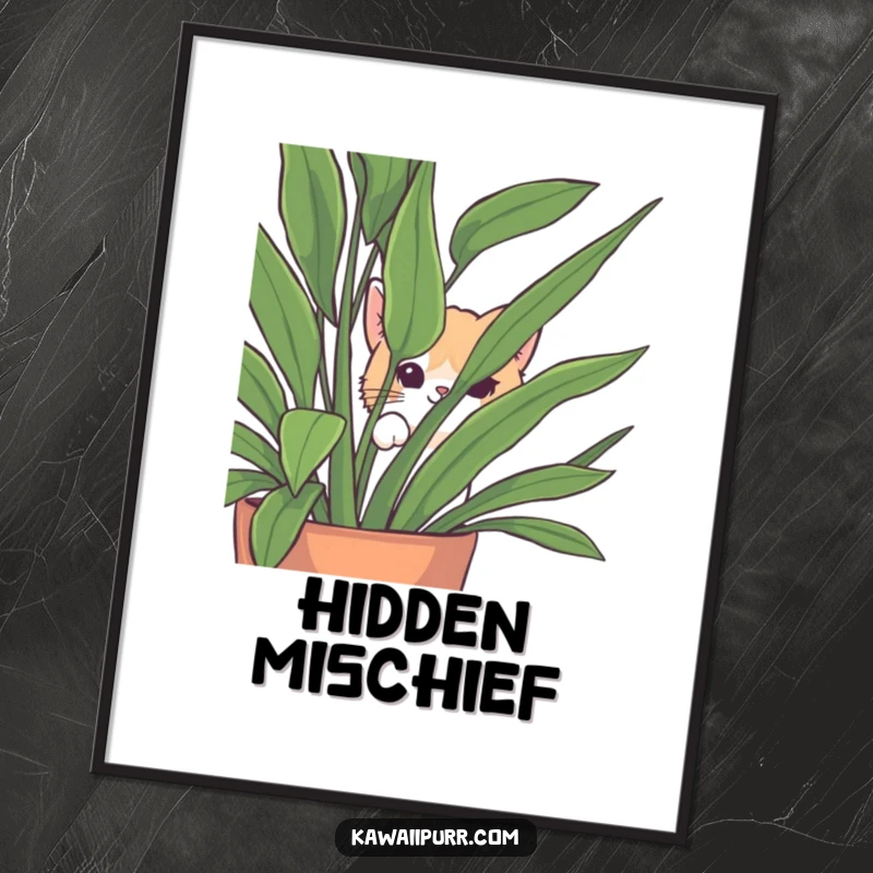 Funny Peek-a-Boo Cat Digital Art Print featuring a cute cat character playfully peeking from behind a lush houseplant.