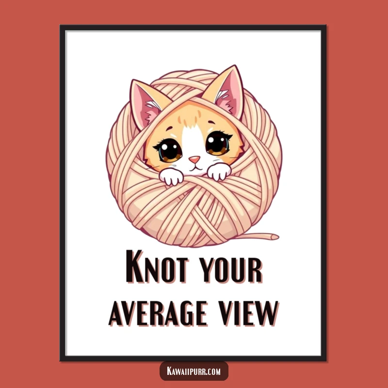 Funny Curious Cat Digital Art: Yarn Ball Peek Print, Perfect Instant Funny Gift!