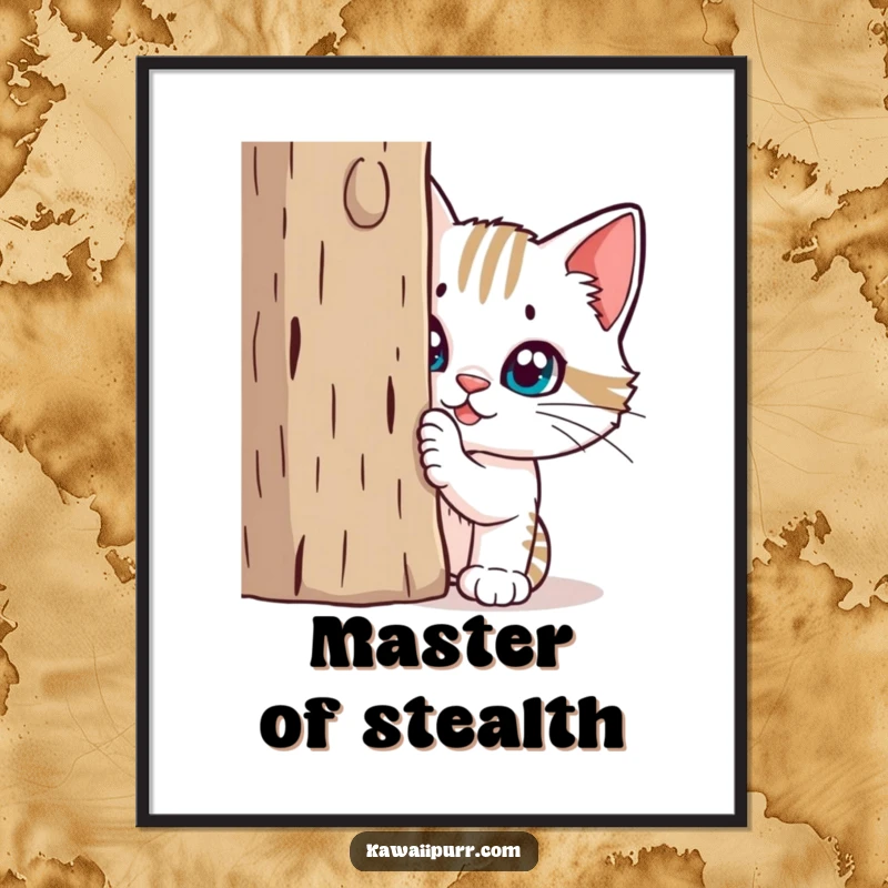 Funny Digital Art Print: Mischievous cat hiding behind a scratching post, conveying playful secrets and humor.
