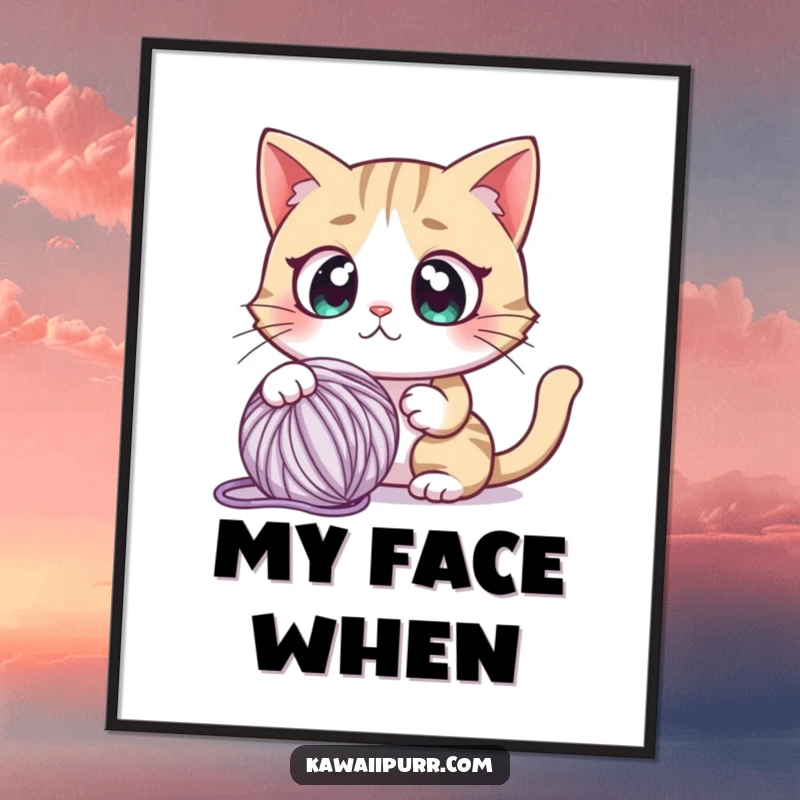 Funny digital art print of a cartoon cat character with huge, startled eyes, looking intensely surprised by a nearby yarn ball.
