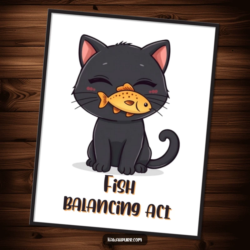 Funny Digital Art: A black cat with a mischievous grin balancing a tiny fish on its nose, for instant decor.