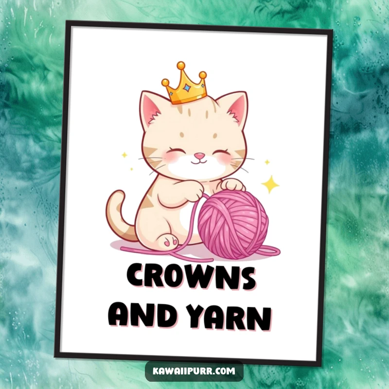 Funny Digital Art: A joyful cat wearing a tiny crown, playfully swatting at a sparkling ball of yarn, for instant decor.