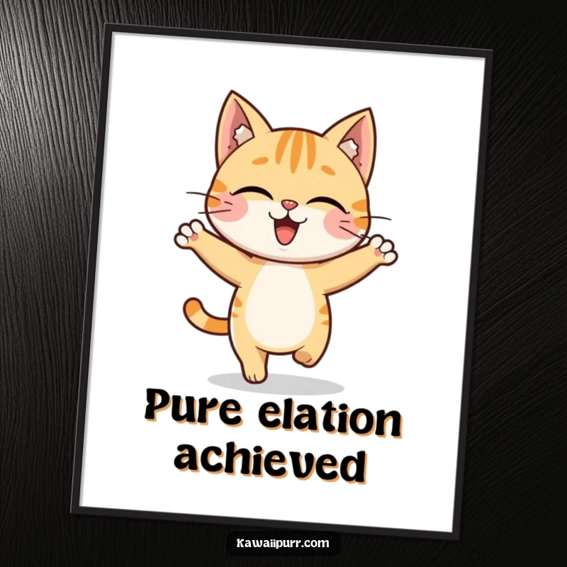 Funny cat character in a joyful hop, radiating pure happiness and energy as a digital art print.