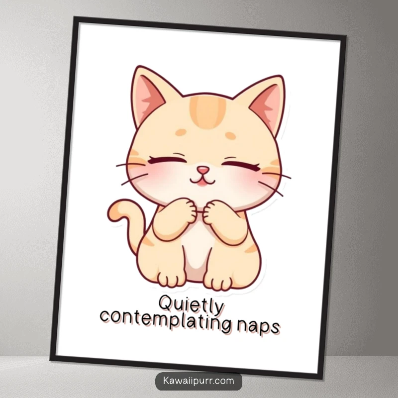 Funny cat character purring with closed eyes, conveying absolute peace and joy as a digital art print.