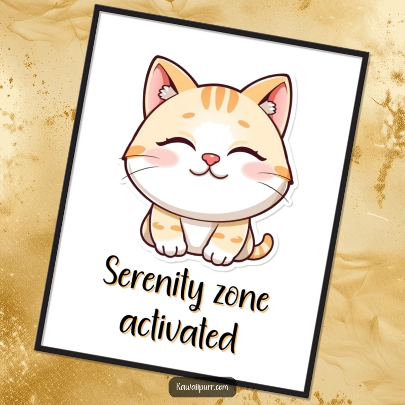 Funny digital art print of a smiling cat character, eyes closed and purring, symbolizing contentment.