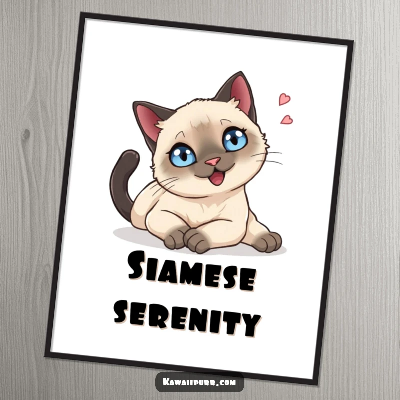 Funny Digital Art: A Siamese cat with sparkling blue eyes stretching languidly, exuding a happy sigh, for instant decor.