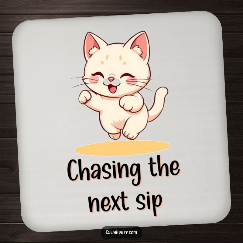 Funny Coaster: Drink coaster featuring a playful kitty character energetically chasing a laser pointer dot, adding energetic humor.
