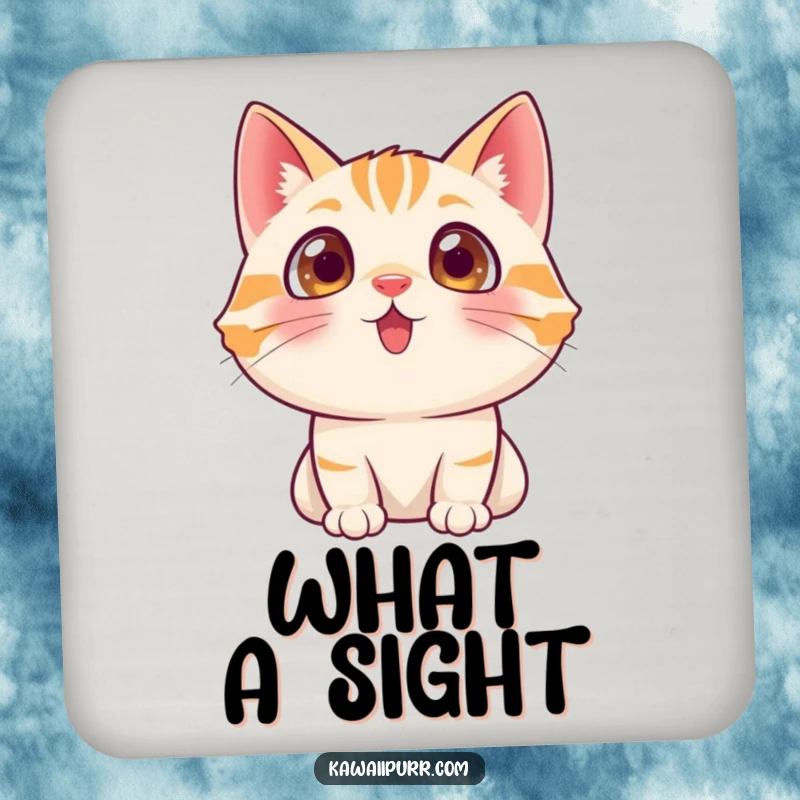 Funny cat character with wide, excited eyes looking upwards, expressing wonder on a drink coaster.