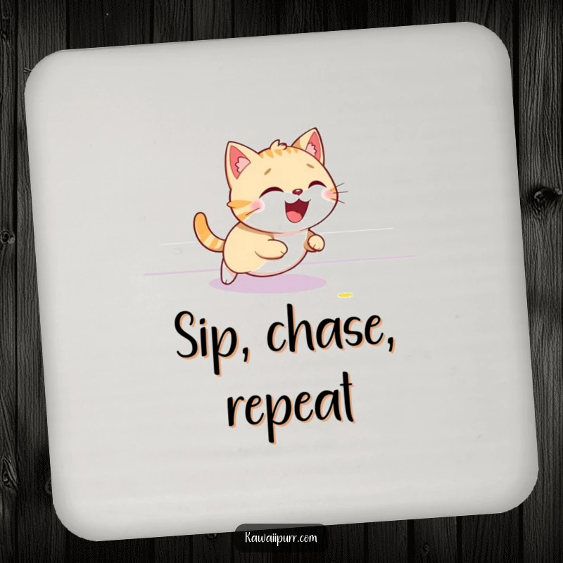 Funny cat drink coaster, giggling while chasing a red laser dot, protecting surfaces with playful charm.