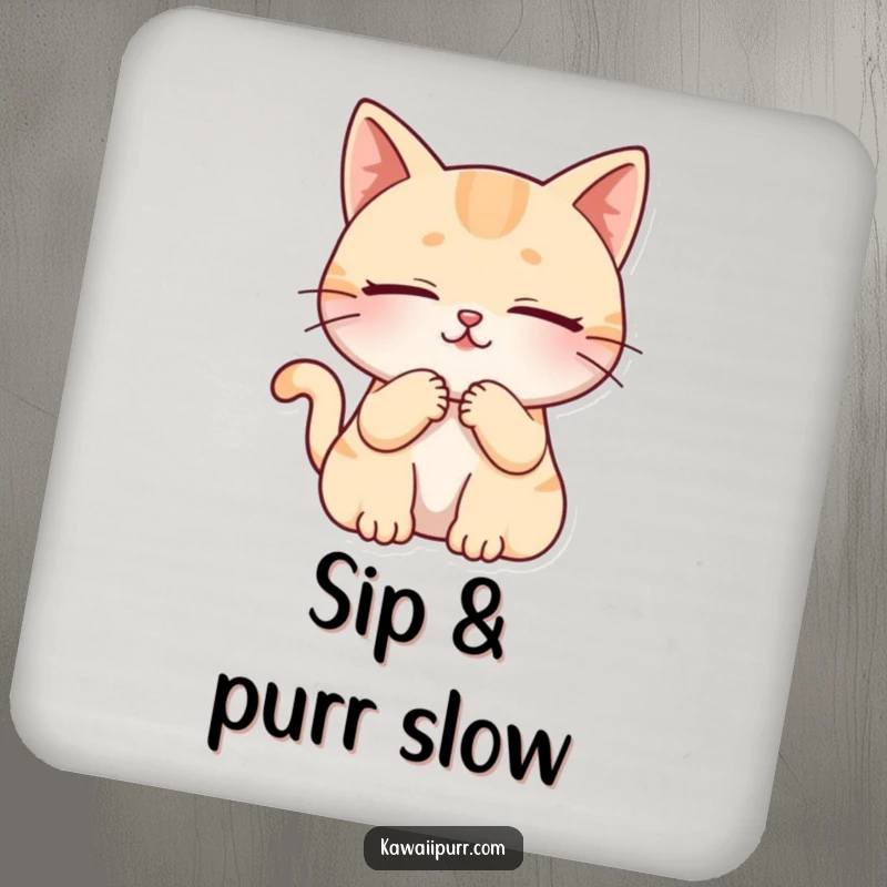 Funny cat character deeply purring with closed eyes, designed on a protective drink coaster.