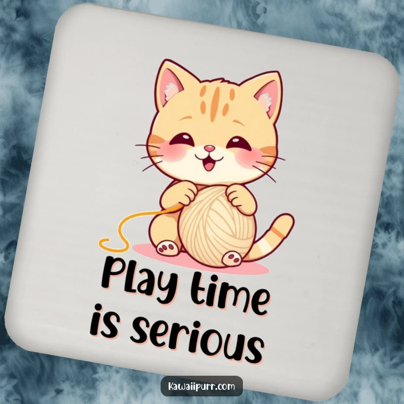 Funny Cat Coaster, a cat joyfully playing with a huge ball of yarn, protecting your furniture.