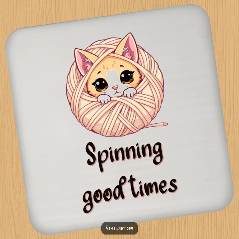 Funny coasters featuring a curious cat peeking from behind yarn, designed to protect tables.