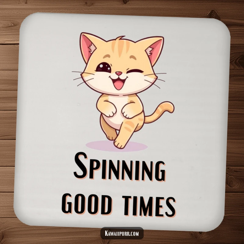 Funny drink coaster showing a cat with a silly grin, in a dizzy circle, chasing its tail. Protects surfaces with a laugh.
