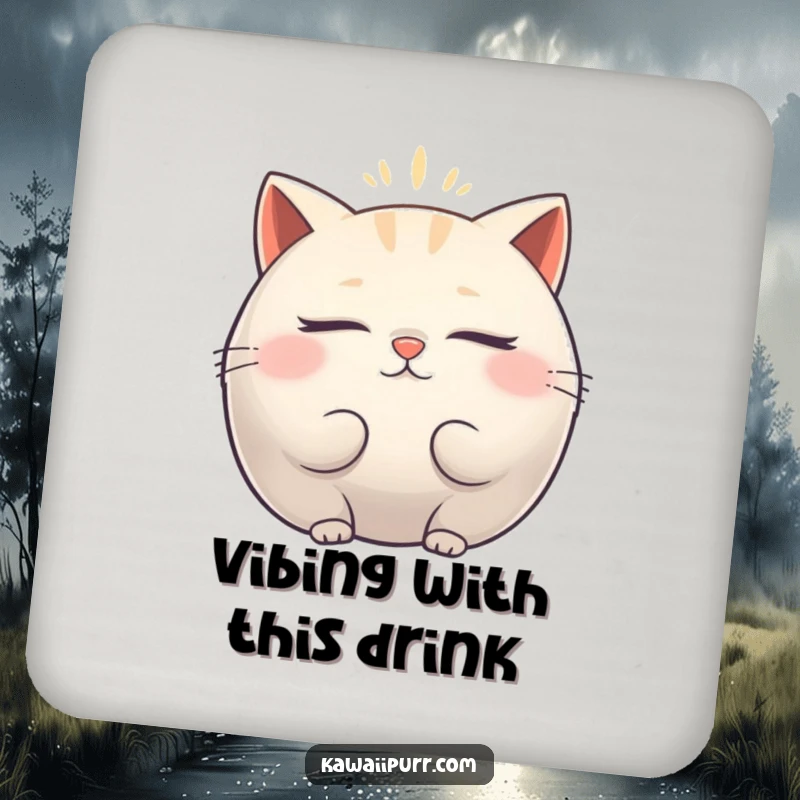 Funny Coaster: Drink coaster featuring a plump cat character emitting a peaceful vibrating aura, adding calm humor to tabletops.
