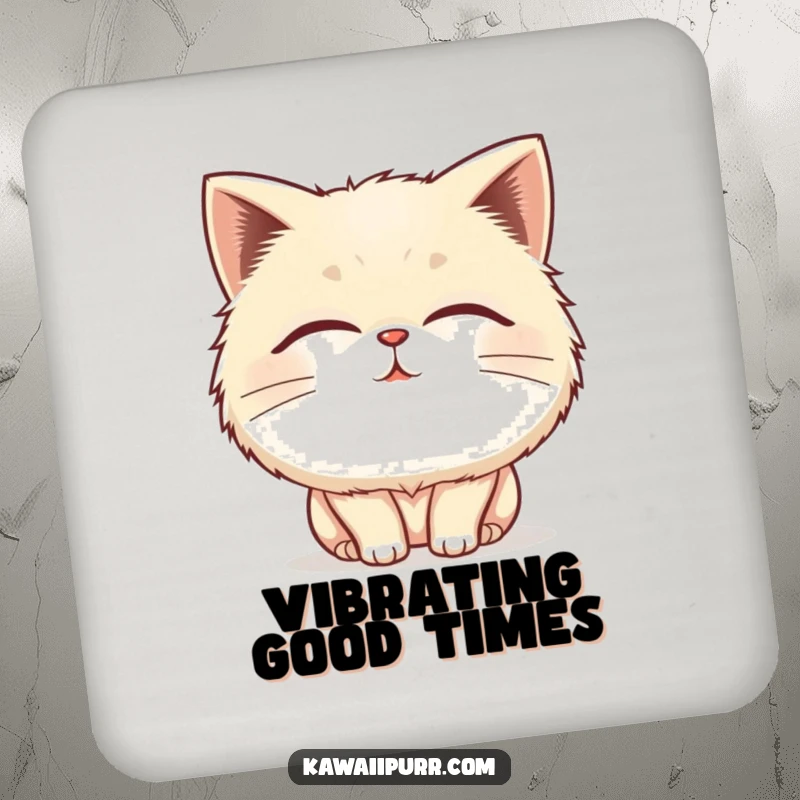 Funny fluffy cat coaster with a blissfully purring character, closed eyes, protecting surfaces with adorable charm.