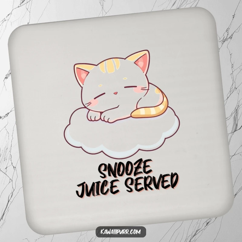 Funny drink coaster with a kawaii cat napping blissfully on a cloud with a tiny smile, adding peaceful humor.