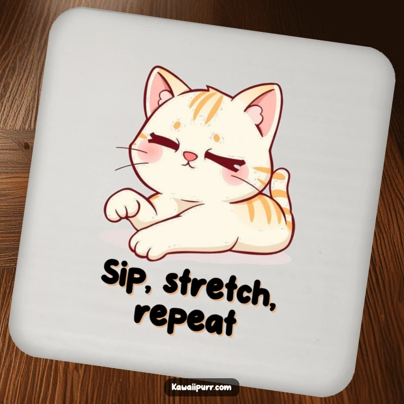Funny drink coaster with a kawaii cat stretching lazily with a mischievous wink, adding playful humor.