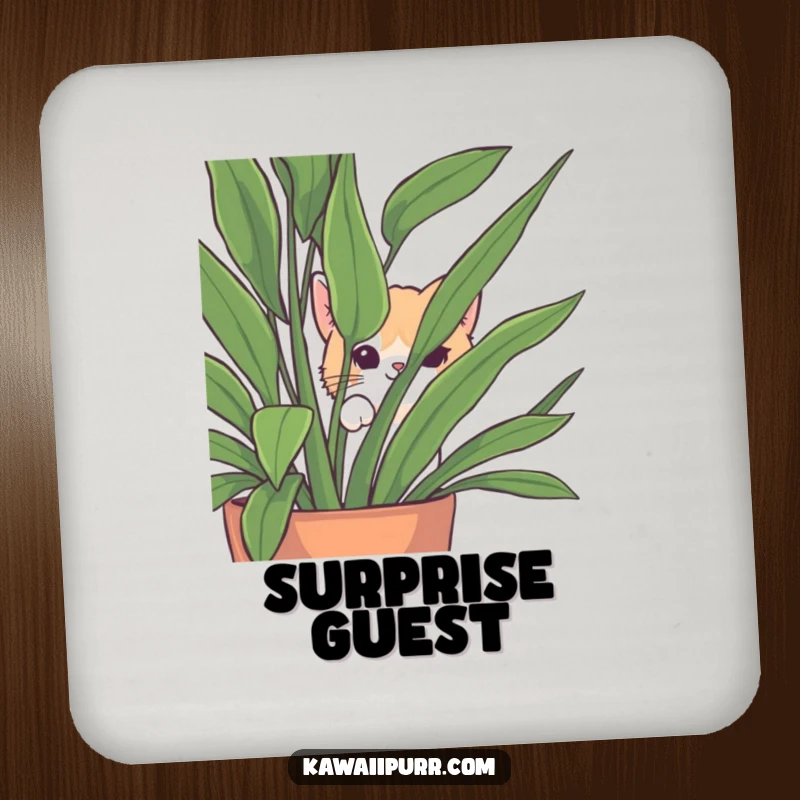 Funny Peek-a-Boo Cat Coaster showcasing a cat playfully peeking from behind a houseplant, protecting surfaces humorously.