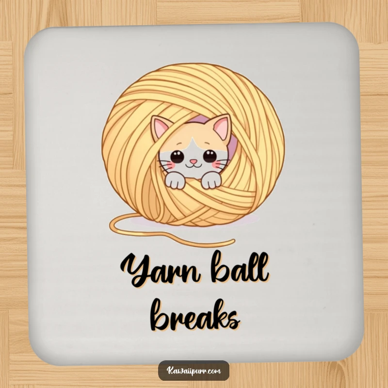 Funny drink coaster with a playful cat peeking from behind a giant ball of yarn. Adds fun and protection.