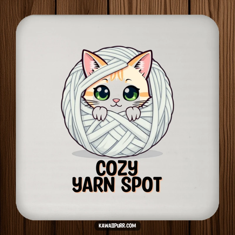 Funny drink coasters featuring a cat character peeking from behind a yarn ball, perfect for protecting surfaces with humor.