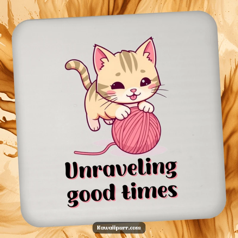 Funny playful cat with a twitching tail, pouncing on a rolling ball of yarn, on a drink coaster. Humorous and protective accessory.
