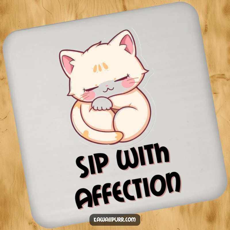 Funny drink coaster with a purring cat curled into a heart, eyes closed, adding cozy charm to tabletops.