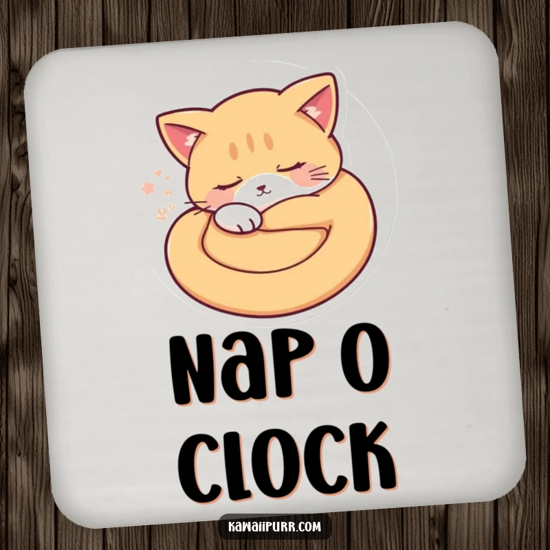 Funny sleepy cat curled up, showing soft purr vibrations, on a protective drink coaster. A cute, funny gift.