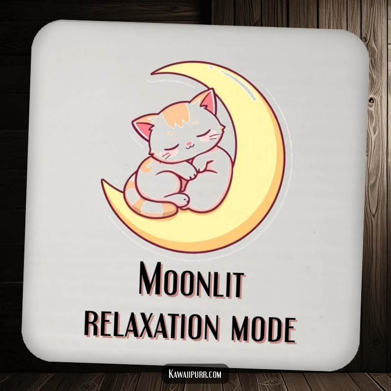 Funny drink coaster showing a sleepy cat curled on a crescent moon, protecting surfaces with a peaceful and whimsical design.