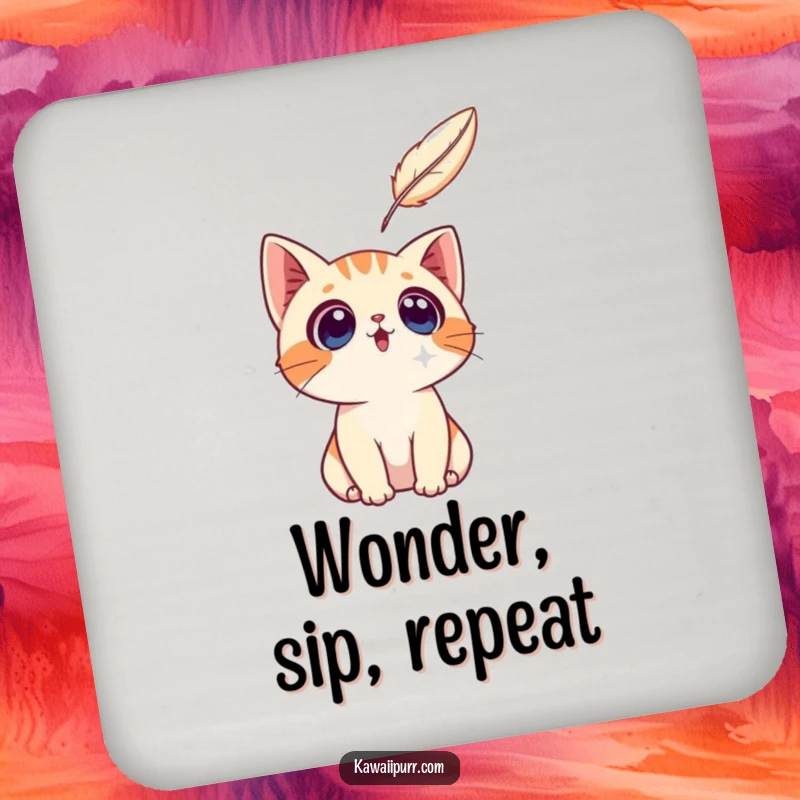 Funny surprised cat character looking up at a floating feather on a drink coaster, adding feline charm.