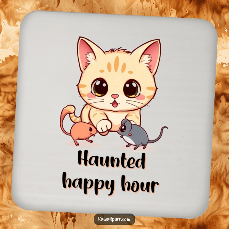Funny drink coaster with a kawaii cat wide-eyed, chasing a translucent ghost mouse, adding a humorous spooky touch.