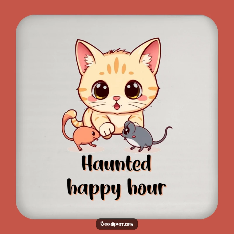Funny Kawaii Ghost Mouse Cat Coaster: Protect Surfaces with Playful Spookiness