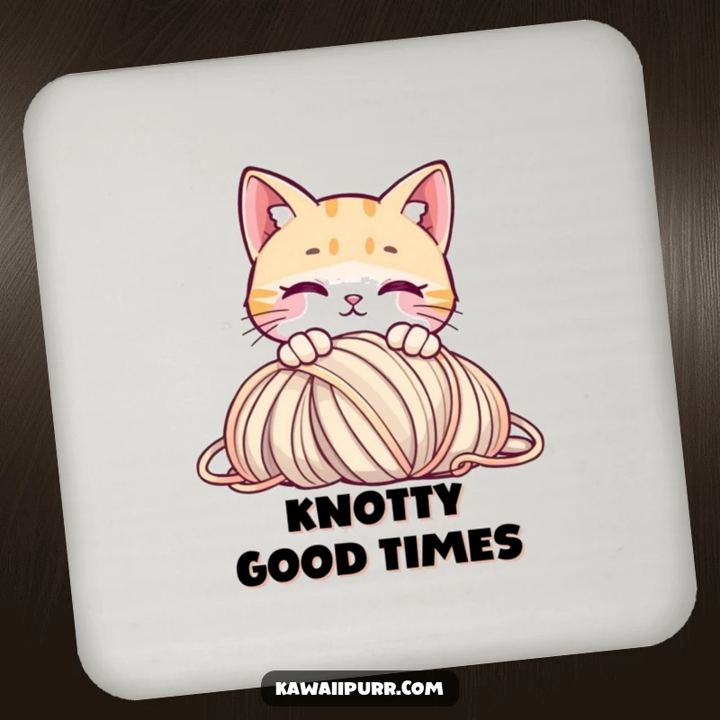 Funny coaster with a curious cat peeking over yarn, representing playful exploration and protecting surfaces.