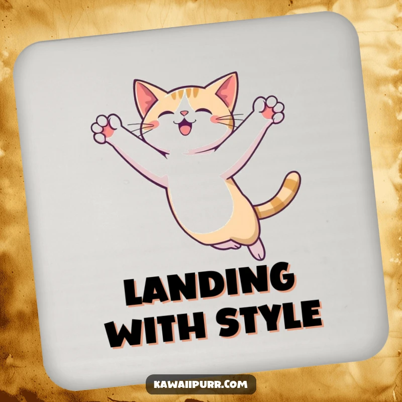 Funny Cat Leap Coaster showcasing a cat character in a dynamic leap, designed to protect surfaces with a smile.