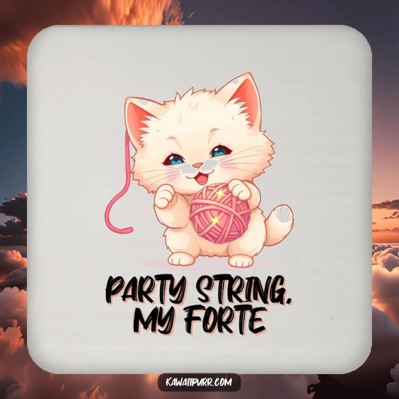 Funny Coaster: Drink coaster featuring a fluffy kitten character playfully batting at a sparkly yarn ball, adding cute humor.
