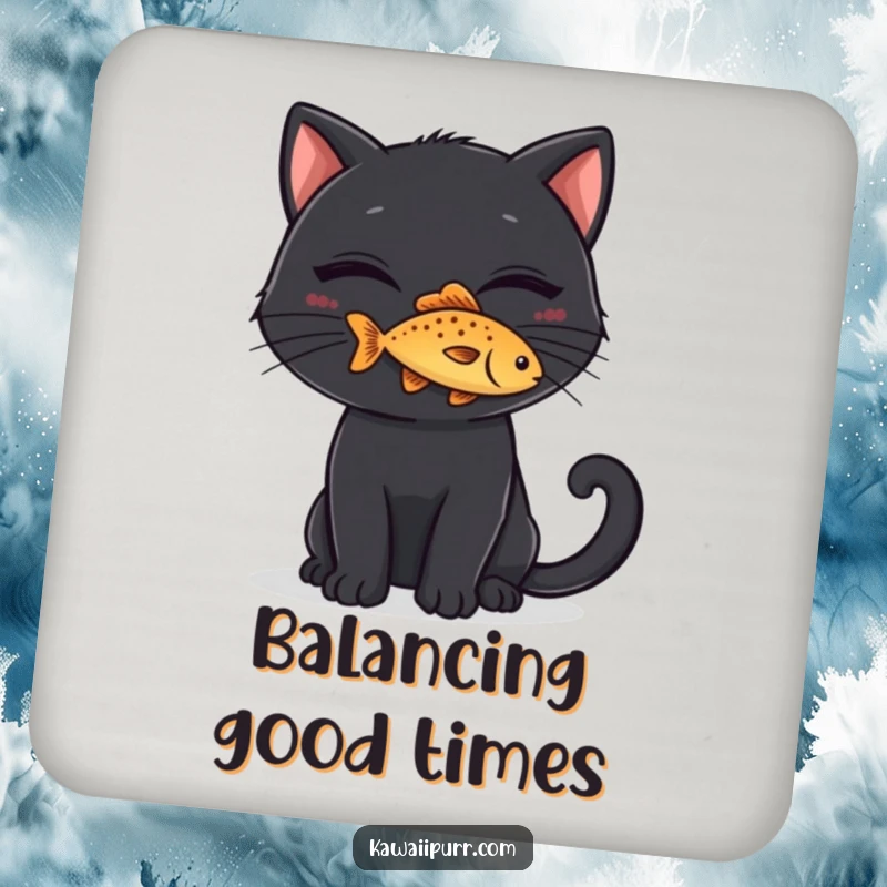 Funny Coasters: A black cat with a mischievous grin balancing a tiny fish on its nose, protecting surfaces with playful charm.