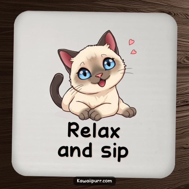Funny Coasters: A Siamese cat with sparkling blue eyes stretching languidly, protecting surfaces with serene charm.