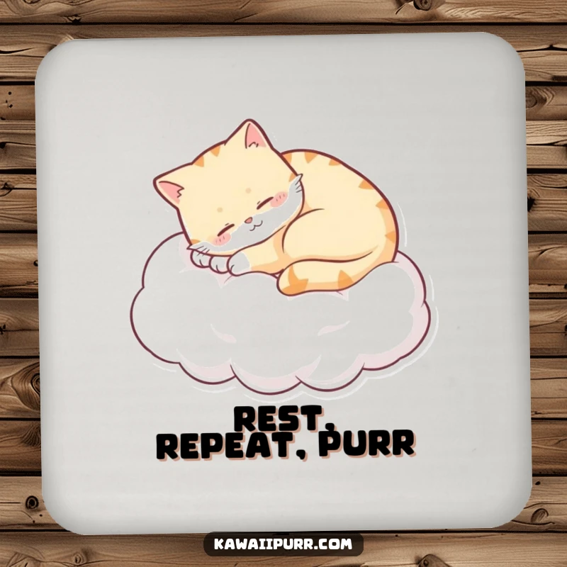 Funny sleepy cat curled on a cloud, purring with a content smile, on a round drink coaster. A humorous and protective accessory.