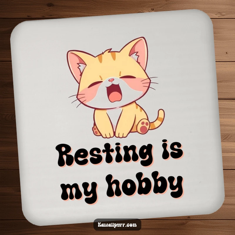 Funny Drink Coaster featuring a lazy kitten character in a wide yawn, protecting surfaces with humorous and cute feline charm.