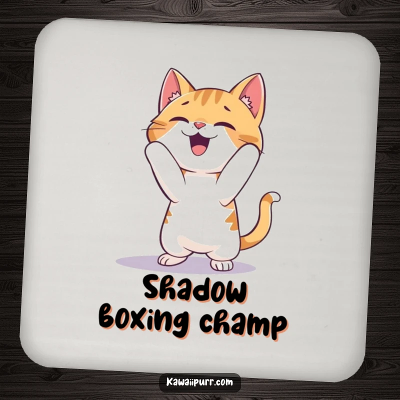 Funny Cat Coaster: A single drink coaster featuring a cat character gleefully pouncing on a shadowy silhouette with joy.