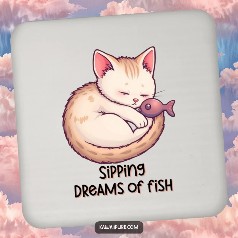 Funny Kitten Fish Dream Drink Coasters featuring a sleeping kitten dreaming of fish, perfect for surface protection.