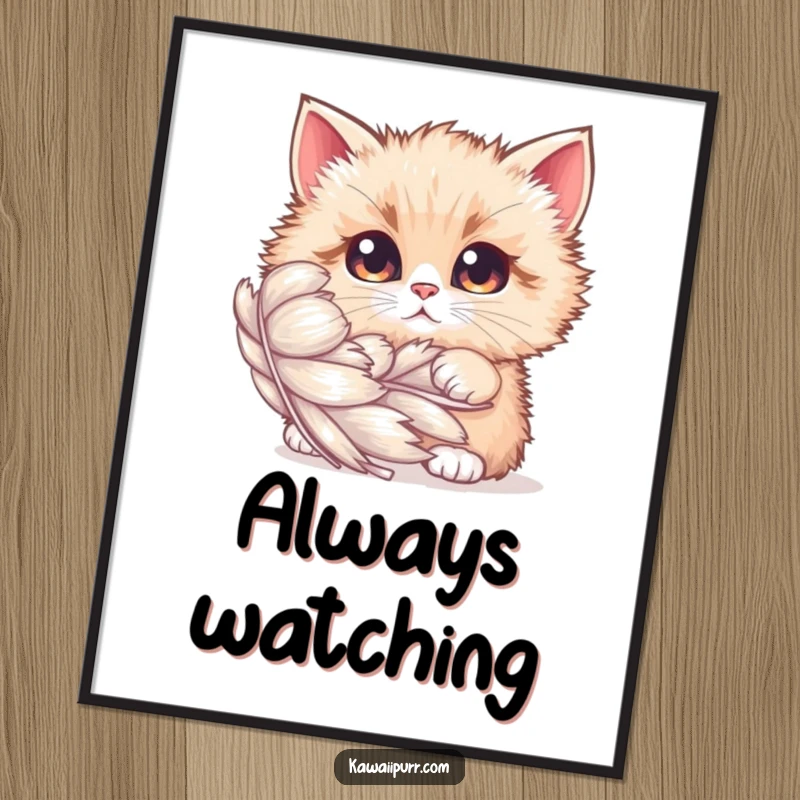 Funny Poster: A fluffy cat with wide, curious eyes peeking from behind a large, shimmering feather, creating an image of wonder.