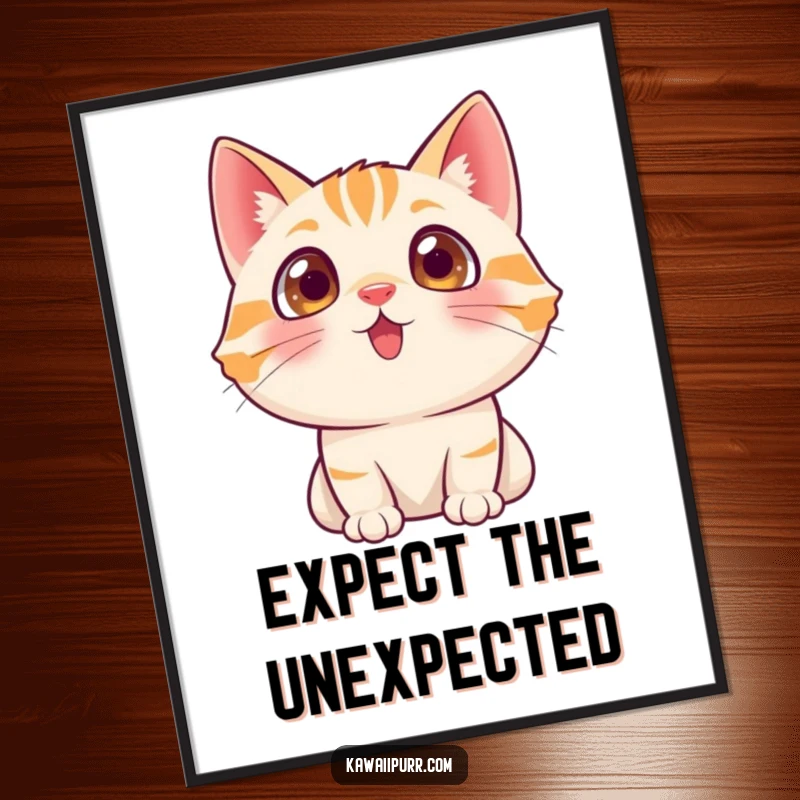Funny cat character with wide, excited eyes looking upwards, conveying fascination on a decorative poster.