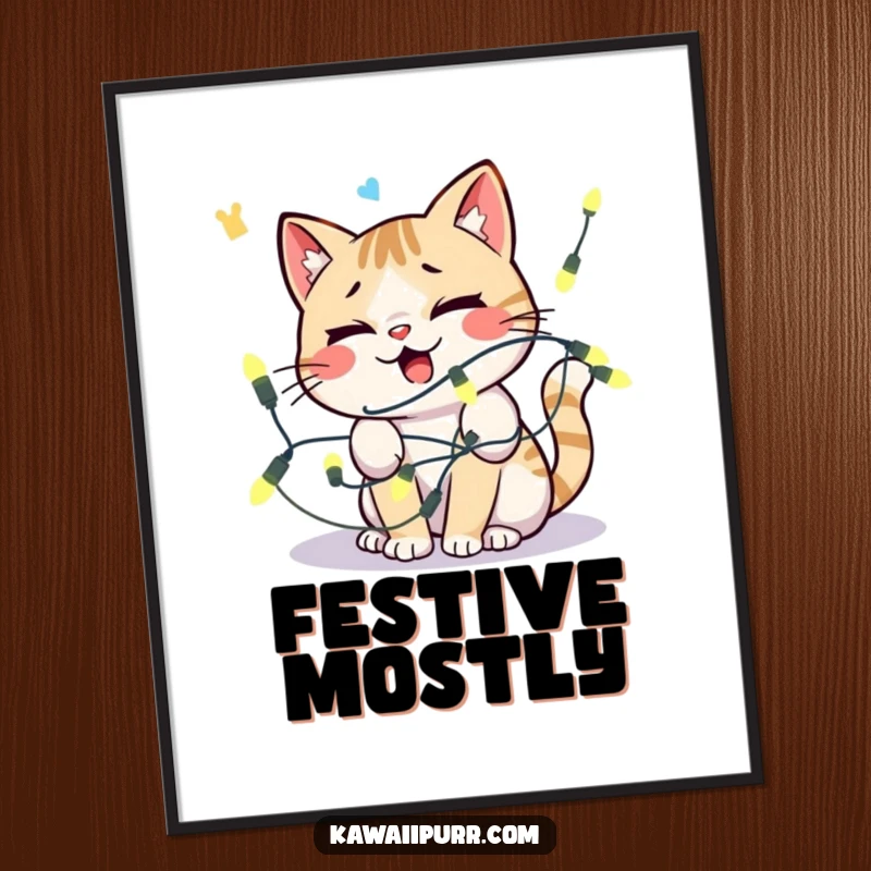 Funny kawaii cat tangled in string lights, looking comically distressed, displayed as a poster.