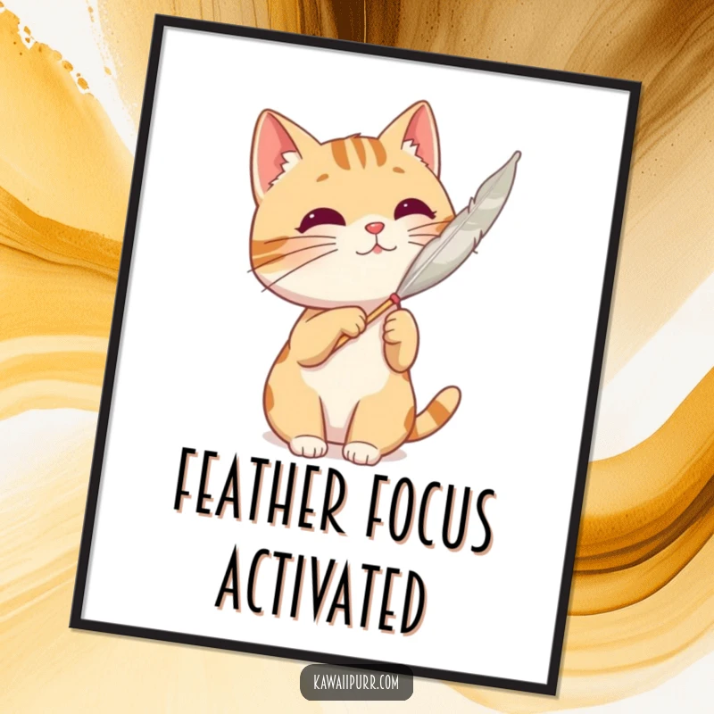 Funny cat character in the act of batting at a feather, capturing playful action on a poster.