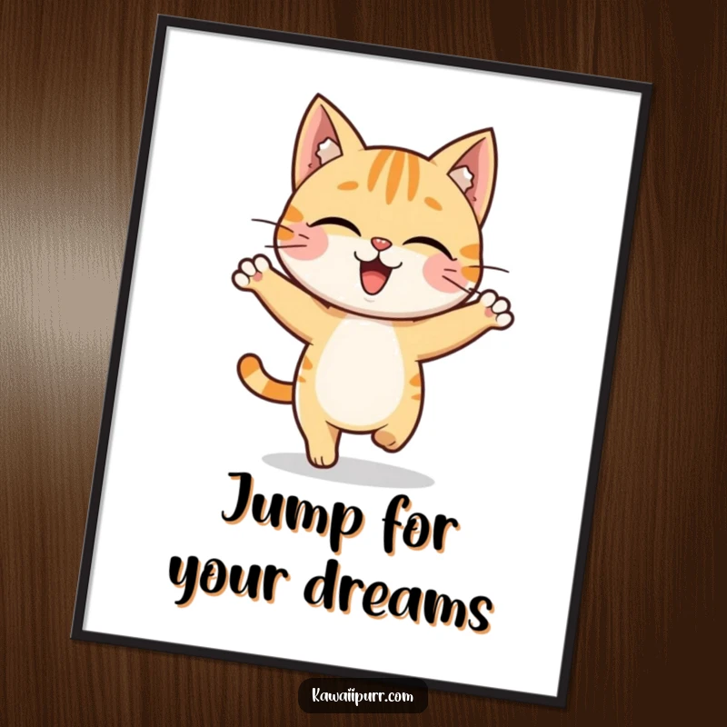 Funny cat character in a dynamic, joyful hop, radiating pure excitement on a decorative poster.