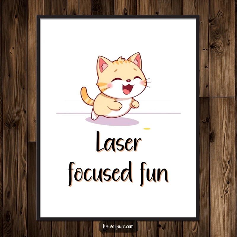 Funny cat poster, depicted giggling hysterically while in hot pursuit of a red laser dot on a floor.