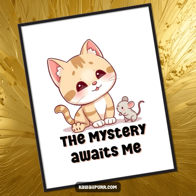 Funny curious cat poster showing a character tilting its head intently, ears perked, near a tiny mouse toy.