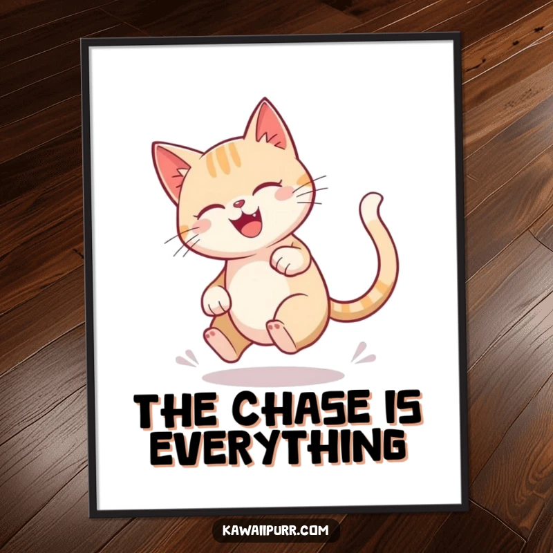 Funny cat poster illustrating a character joyfully spinning in a blur while chasing its tail in a circle.