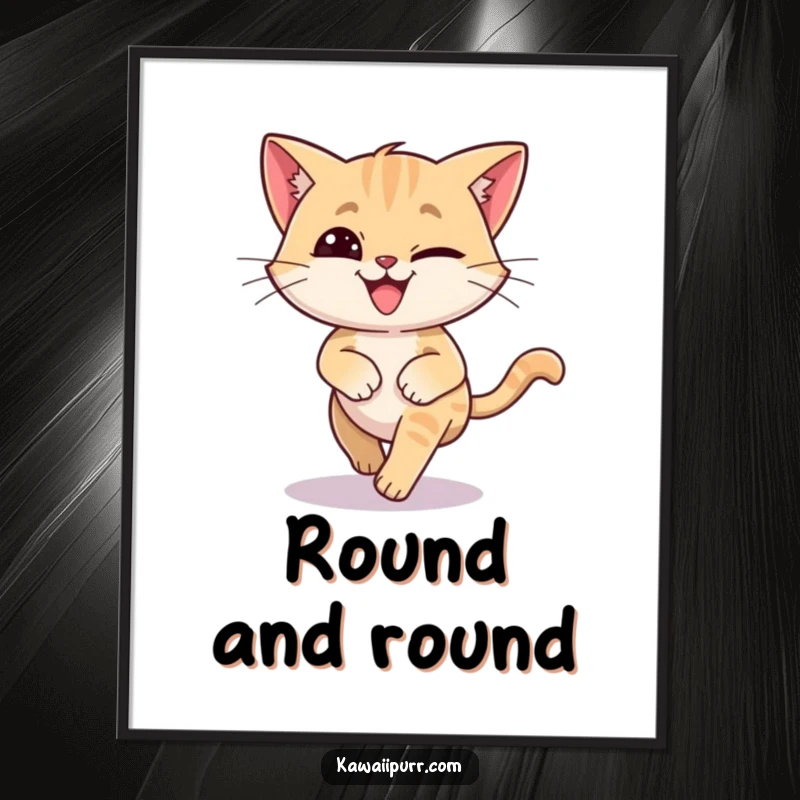 Funny poster art of a cat with a silly grin, caught in a dizzy spin, hilariously pursuing its own tail.